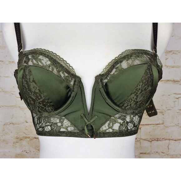 Victoria’s Secret Very Sexy Bustier Demi Bra 32C Olive Green Lace Satin Pin Up - Picture 5 of 14